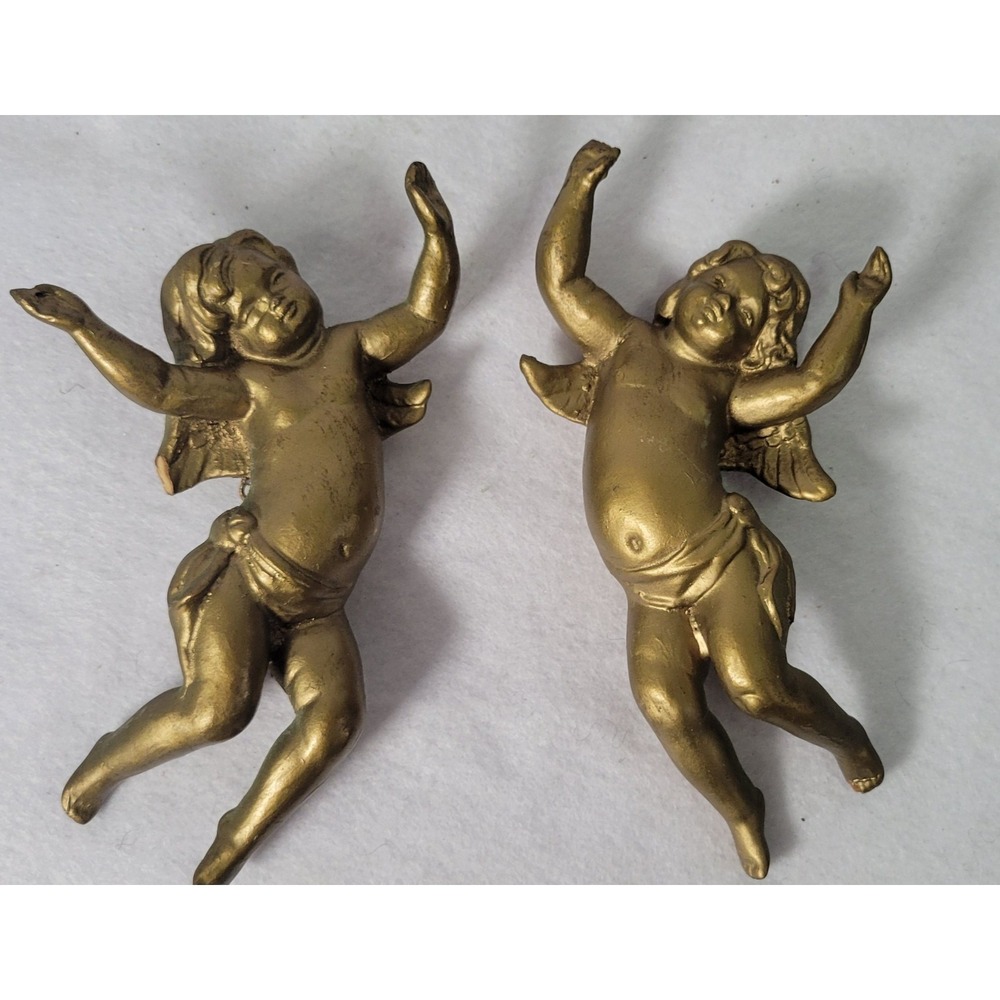 Vintage Cherub Gold Wall Plaques MCM Chalkware Angel Wing Figures Set of 2
